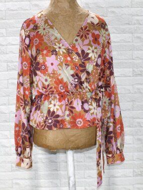 NASTY GAL Blouse Crop Top Retro Floral Print Long Sleeve Peplum Fall Orange 6